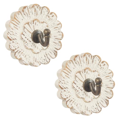Weysat 2 Pcs Vintage Hooks for Wall Wood Farmhouse Towel Hooks Shabby Chic Wall Decor Boho Coat Hanger for Home Kitchen Office Keys Bags Towel (Flower) - style: Flower