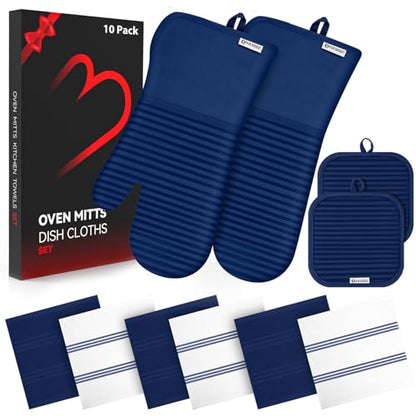 Oven Mitts and Pot Holder Sets with Silicone Grip, 500°F Heat Resistant-6 Pack Dishcloth/Dish Towels for Kitchen 100% Cotton-Value Kitchen Essentials for Cooking, Baking, Grilling-Marine Blue - color: Marine Blue