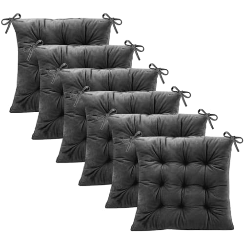 6 Pack Square Seat Cushion Chair Pads for Kitchen Dining Chairs, Soft Comfort Velvet Chair Mat Pillow Cushions with Ties for Office Desk Living Room Tatami 15.5", Dark Gray - color: Dark Gray, size: 6Pack