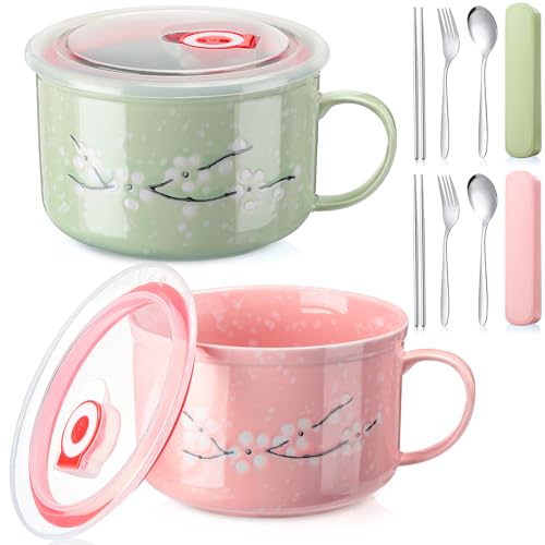 2 Pcs 30 Oz Ceramic Bowl with Lid Handle Noodle Cup,Pink, Green | Microwave Soup Bowls for Instant Meals, Cherry Blossom Design, 2 Stainless Utensils Sets with Case for Office Dorm Lunch - color: Pink, Green