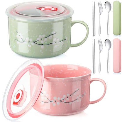 2 Pcs 30 Oz Ceramic Bowl with Lid Handle Noodle Cup,Pink, Green | Microwave Soup Bowls for Instant Meals, Cherry Blossom Design, 2 Stainless Utensils Sets with Case for Office Dorm Lunch - color: Pink, Green