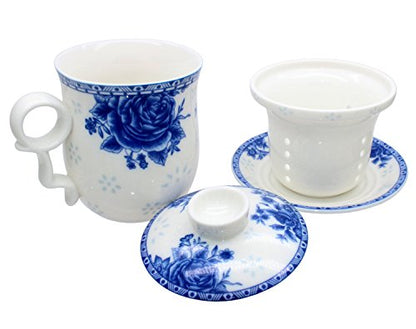 Porcelain Tea Cup with Infuser Lid and Saucer Sets - Chinese Jingdezhen Ceramics Coffee Mug Teacup Loose Leaf Tea Brewing System for Home Office - color: Exquisite Rose Blue and White
