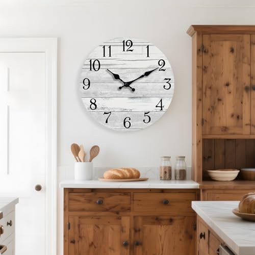 KECYET 16 Inch Wall Clock Battery Operated Gray White Silent Farmhouse | Round analog clock; large easy-read dial for bathroom, kitchen, bedroom & living room; 1 AA battery (not included) - color: Light Gray, size: 16"