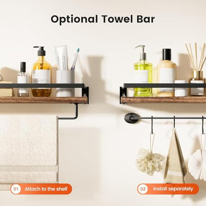 Amada Bathroom Shelves with Towel Bar, Set of 2, Rustic Brown | Floating Shelves with Detachable Towel Bar, Protective Metal Guards, Paulownia Wood, Bathroom, Living Room & Kitchen Storage - color: Rustic Brown