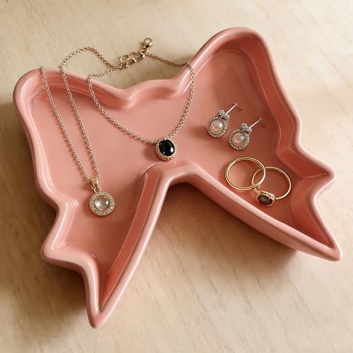 5.79" x5.32" x 0.83" Jewelry Dish Pink Bow Tray Ceramic Ring Holder Seastarfish Bowl Cute Jewelry Organize Key Storage Tray Decorative Trays for Home Decor Porcelain Jewelry Deco - color: Pink Bow Decorative Tray