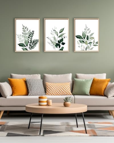 UPWOIGH Olive Leaf Framed Botanical Wall Art, 12 x 16 Inch, Set of 3 | Watercolor Fern, Olive and Eucalyptus Leaf Prints, Soft Green Tones, Light Wood Frames for Bedroom, Office and Gallery Wall - color: Olive Leaf Green MDF