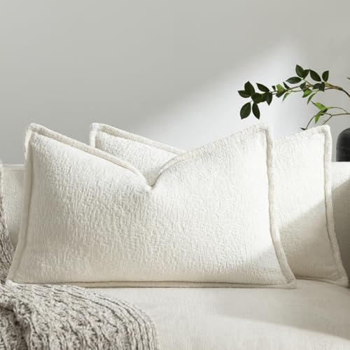 Pack of 2 Cream White Decorative Throw Pillow Covers 12x20 Cozy Soft Chenille Accent Vintage Rectangular Lumbar Couch Pillow Covers for Home Decor Bed Sofa Living Room - color: Cream White, size: 20" x 12" (Pack of 2)