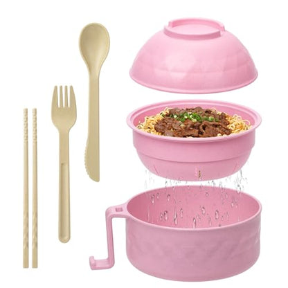 Ramen Cooker,32oz Ramen Bowl Set,Microwave Ramen Bowl, Microwave Bowl with Lid, Portable Noodle Bowls,for Home Office Dorm Room College gift (Pink) - color: Pink