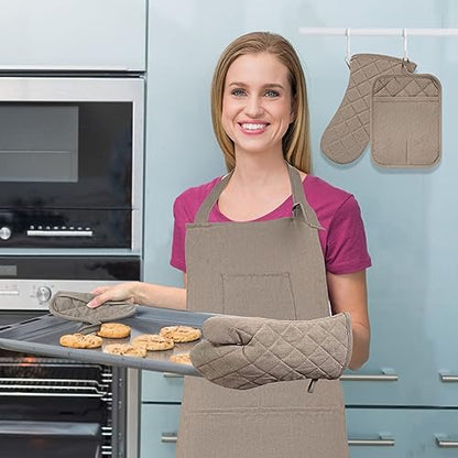 Oven Mitts and Pot Holders with Cooking Apron Set of 5, Heat Resistant Kitchen Gloves and Silicone Non-Slip Potholders, Adjustable Neck Buckle Chef Apron, Cotton Nice Design for Cooking (Coffee) - color: Coffee