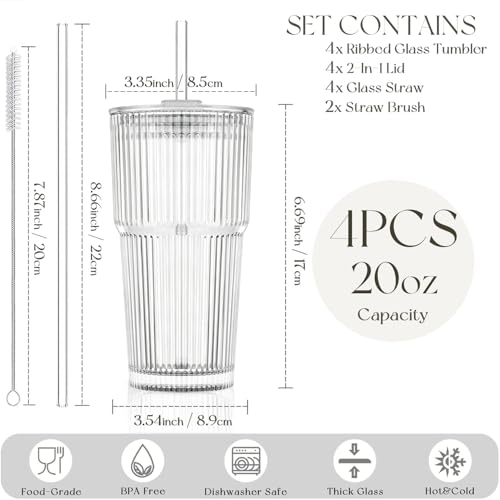 KEMORELA 20oz Ribbed glass cups with lids and straws, Iced Coffee Cups | Reusable thick-wall glass, Leak-Proof Lids, Fits Most Car Cup Holders, For Iced Coffee and Cold Drinks, With Cleaning Brush - size: 20oz 0.3"straw