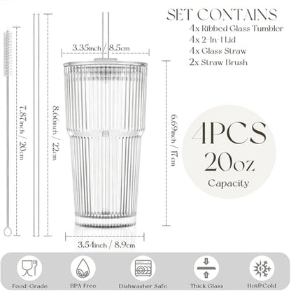 KEMORELA 20oz Ribbed glass cups with lids and straws, Iced Coffee Cups | Reusable thick-wall glass, Leak-Proof Lids, Fits Most Car Cup Holders, For Iced Coffee and Cold Drinks, With Cleaning Brush - size: 20oz 0.3"straw