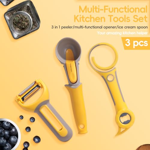 Oneleaf 3-in-1 Kitchen Tool Set, Bottle Opener, Ice Cream Scoop, Vegetable Peeler, Non-Slip Silicone Handle, Stainless Steel Blade, for Home, Camping, Travel, Easy Grip & Effortless Use