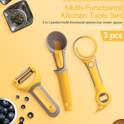 Oneleaf 3-in-1 Kitchen Tool Set, Bottle Opener, Ice Cream Scoop, Vegetable Peeler, Non-Slip Silicone Handle, Stainless Steel Blade, for Home, Camping, Travel, Easy Grip & Effortless Use