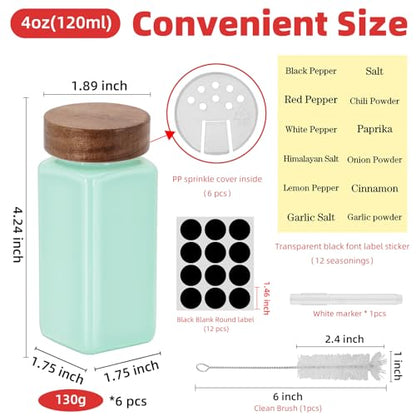 6Pcs 4 oz Square Glass Spice Jars with Label, Empty Spice Containers with Wooden Lids, Square Seasoning Containers and Supplement Set, Small Seasoning Bottles for Salt, Sugar, Pepper (Turquoise) - color: Turquoise
