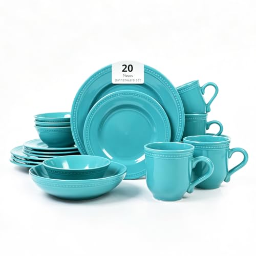 HomeVSS 20-PC Pearl Dots Stoneware Dinnerware Set, Turquoise, Service for 4 | plates and bowls sets，dinnerware sets for 4,Pearl Dots Dinnerware，Microwave and Dishwasher Safe - color: Turquoise, size: 20pc Set