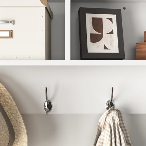Wall Mounted Coat Rack Shelf,4 Dual Hooks,3 Cubbies,White | 4 dual nickel finish hooks.3 built-in cubbies plus shelf.Holds 55 lbs,MDF,smooth laminate finish.Easy clean,hardware included - color: White