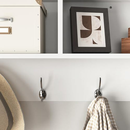 Wall Mounted Coat Rack Shelf,4 Dual Hooks,3 Cubbies,White | 4 dual nickel finish hooks.3 built-in cubbies plus shelf.Holds 55 lbs,MDF,smooth laminate finish.Easy clean,hardware included - color: White