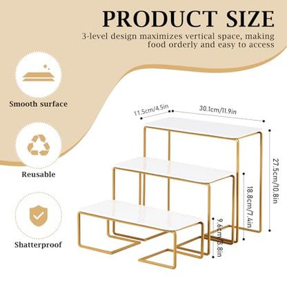 12 Inch 3 Tier Serving Tray Stand, White Acrylic Dessert Stand with Gold Painted Iron Rack, Removable Rectangular Trays for Cupcakes, Appetizers, Fruit, Cookies and Candy - color: White and Gold