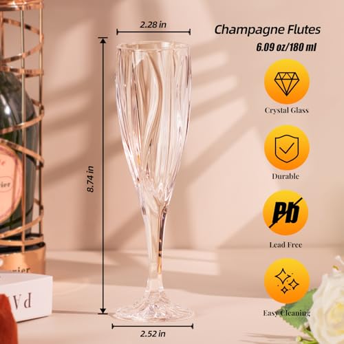 KAMMAK Champagne Flutes, Crystal Glass,180ML Champagne Glasses, Set of 2 | Clear Champagne Flutes with Long Stem and Thin Rim for Wine, Weddings, Anniversaries, Parties and Gifts, 615N - style: 180ML Ocean