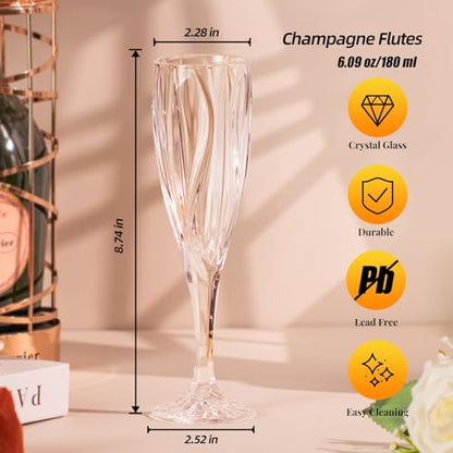 KAMMAK Champagne Flutes, Crystal Glass,180ML Champagne Glasses, Set of 2 | Clear Champagne Flutes with Long Stem and Thin Rim for Wine, Weddings, Anniversaries, Parties and Gifts, 615N - style: 180ML Ocean