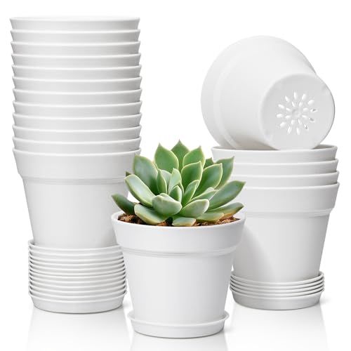 T4U Small Plant Pots 4 Inch 18 Pack, Plastic Flower Pots with Saucer White | Nursery containers for succulents cactus herbs, Desk windowsill shelf, Violet african violet, Compact lightweight - color: White, size: 4 In