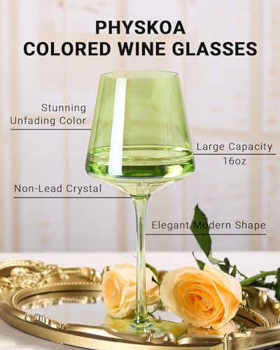 Physkoa Green Wine Glasses Set of 6-16oz Hand Blown Crystal Colorful Wine Glasses with Long Stem, Spring Wine Glass for Wine Lovers, Wedding, Birthday, St Patrick's Day Gifts - color: Green