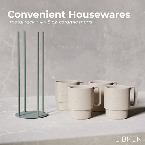 LIBKEN Stackable Coffee Mug Set with Green Stand Rack 4x8oz Ceramic Mugs with Unique Sprinkled Optics - Powder Coated Metal Rack for Space Saving Storage - Dishwasher-Safe - Microwave & Oven Use