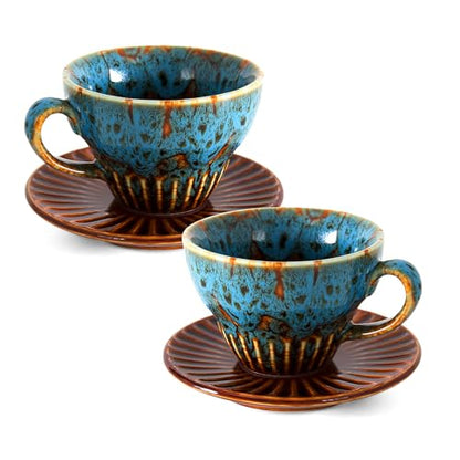 2 oz Espresso Cups Set of 2, Ceramic Cappuccino Cups with Saucers, Durable Porcelain Tea Set & Modern Coffee Cup Collection, Coffee Lover Gifts