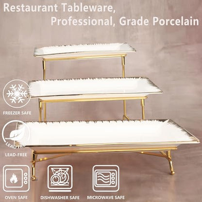 3-Tier Serving Rack with Ceramic Serving Tray, Foldable Gold Stand with 3 Pieces 10.2"/11.8"/13.8" Gold Rim Large Plates for Food Display, Fruit, Dessert Server Display and Entertaining - color: 3-tier 10.2"/11.8"/13.8" Serving Rack