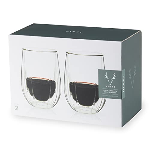 Viski Insulated Double Walled Stemless Wine Glasses, Drinking Glass with Cut Crystal Design, Home Bar Accessories, Glassware, 13 oz, Set of 2, Clear - style: Double-Walled Wine Glasses