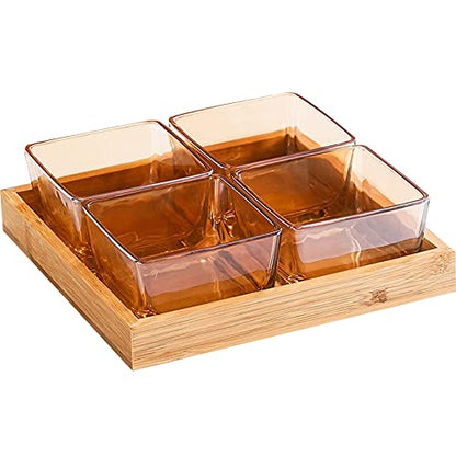 4 Compartment Glass Fruit Bowl with Wooden Tray Creative Snack Serving Tray Divided Serving Platter Reusable Ice Cream Cups Removable Salad Bowls for Snack Candy Nuts Desserts Amber - color: Amber, size: 4 Compartment
