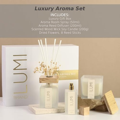 Luxury Aroma Gift Set | Peony Garden Scent - Reed Diffuser (200ml), Wood Wick Soy Candle (200g), Room Spray (50ml) | Includes Dried Flowers & 8 Reeds | Luxurious Fragrance for Home Décor | Great Gifts