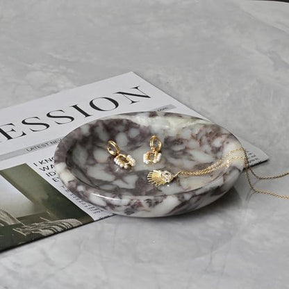 ZSHAWN Natural Marble Ring Dish Jewelry Tray – 5.5" Trinket Dish for Rings Earrings Necklace, Scratch-Resistant Vanity Organizer, Elegant Gift for Women (Calacatta Viola) - color: Calacatta Viola