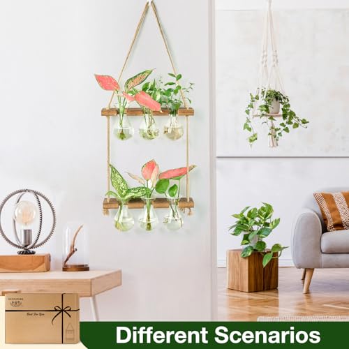XXXFLOWER Wall Hanging Propagation Station 3 Bulb Vase 2 Tiers Brown | Hanging Plant Holder Wall Hanging Planters for Indoor Plants, Wall Decor for Living Room Office - size: Brown-6 Bulb Vase
