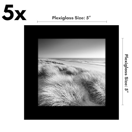 Americanflat 5x5 Picture Frame 5-Pack - Slim Molding - Black | Polished plexiglass front, wall or tabletop display with included easel, triangle hangers included, secure turn-tab backing - color: Black, size: 5x5