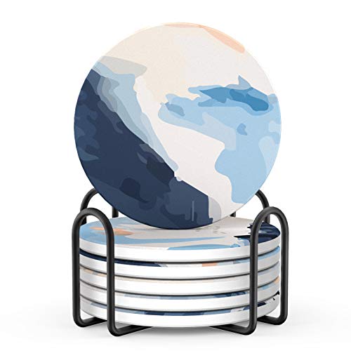 LIFVER Absorbent Drink Coasters with Holder, Set of 6 Ceramic Coasters Set with Cork Base, for Kinds of Drinking Glasses, 4 Inches Stone Coasters for Home Decor, White Elephant Gifts for Adults - color: Abstract Blue Marble, size: 6 Pack