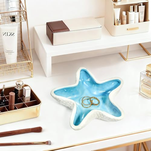 Starfish Ceramic Jewelry Trinket Tray, Blue White Decorative Ring Holder Dish for Rings, Earrings, Necklaces, Bracelets, Watches, Keys - style: Starfish