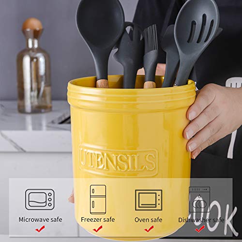 KOOV Cooking Utensil Holder, Large Ceramic Utensil Crock, Deep and Stable, Utensil Caddy for Countertop Letter Series (Yellow) - color: Yellow