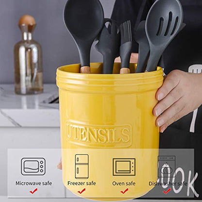 KOOV Cooking Utensil Holder, Large Ceramic Utensil Crock, Deep and Stable, Utensil Caddy for Countertop Letter Series (Yellow) - color: Yellow
