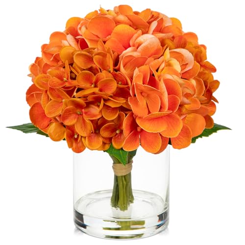 Hollyone Fall Hydrangea Artificial Flowers for Decoration Orange Hydrangea Artificial Flowers in Vase Latex Real Touch Fall Flower Arrangements Fake Hydrangeas with Faux Water Autumn Centerpiece Decor - color: Small - Orange