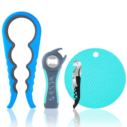 Bloss Jar Opener Can Opener Kitchen Grippers, Multi-use Lid Opener Set | Anti-skid Jar Openers for Weak hands, Seniors with Arthritis, Includes Non-slip Rubber Gripper Pad & Wine Opener, Blue - color: Blue-4pcs