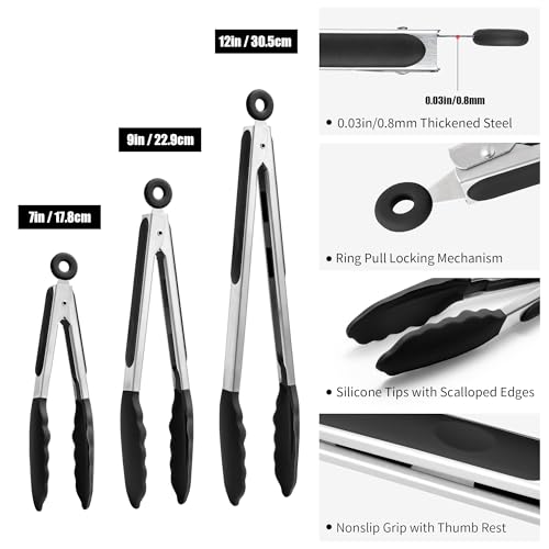Doosu 7+9+12in Kitchen Tongs for Cooking - 600°F Heat Resistant Food Tongs with Non-Scratch Silicone Tips & 600°F Heat Resistant Silicone Spatula Set of 2 for Kitchen Cooking Baking Stirring (Black)