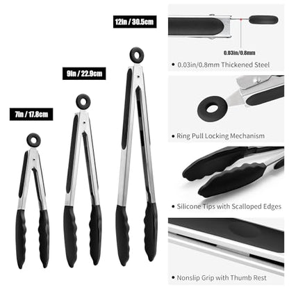Doosu 7+9+12in Kitchen Tongs for Cooking - 600°F Heat Resistant Food Tongs with Non-Scratch Silicone Tips & 600°F Heat Resistant Silicone Spatula Set of 2 for Kitchen Cooking Baking Stirring (Black)