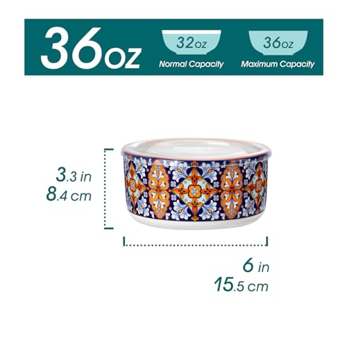 vancasso SIMI 36 oz Ceramic Bowls with Lids Set of 4,Bohemian Serving Bowl | 6 Inch Food Storage Containers Prep Bowls for Leftovers, Soup, Cereal, Meal Prep, Office Lunch, Microwave & Dishwasher Safe - size: 36 OZ (Set of 4)