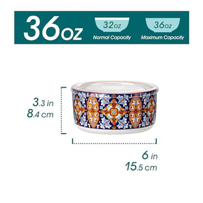 vancasso SIMI 36 oz Ceramic Bowls with Lids Set of 4,Bohemian Serving Bowl | 6 Inch Food Storage Containers Prep Bowls for Leftovers, Soup, Cereal, Meal Prep, Office Lunch, Microwave & Dishwasher Safe - size: 36 OZ (Set of 4)