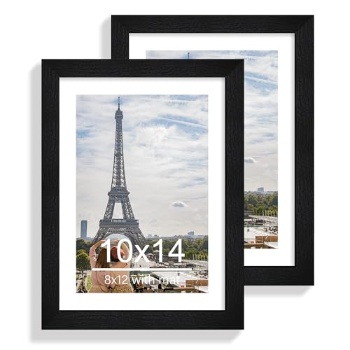 Hongkee 10x14 Picture Frame Set of 2, Made of Glass and Rustic Black Wooden Frame, Display 8x12 Pictures with Mat or 30 x 40cm Diamond Painting Art without Mat for Wall Mounting, Gallery Photo Frames - color: Rustic Black, size: 10x14 in
