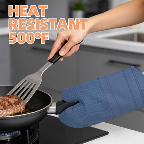 YUTAT Silicone Oven Mitts,Heat Resistant Oven Gloves with Soft Polyester Filling,Perfect for BBQ, Baking and Cooking,Blue,2 Pcs Set - color: Blue-honeycomb Surface, size: 13“L x 7"W-2 Piece