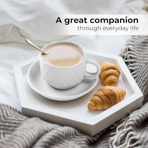 MIAMIO - 6 x 2.5 oz Stoneware Espresso Mug, Cup Set Modern with Stand and Saucers - Palmanova Collection (White) - color: White