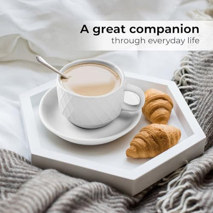 MIAMIO - 6 x 2.5 oz Stoneware Espresso Mug, Cup Set Modern with Stand and Saucers - Palmanova Collection (White) - color: White