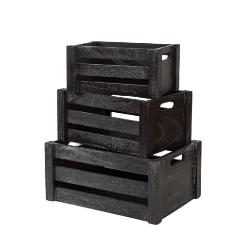 Set of 3 Nesting Wooden Crates, Small Rustic Farmhouse Wood Storage Boxes with Handles, Stackable Compact Organizer Bins for Kitchen Bathroom Bedroom Decor, 3 Sizes & 3 Colors (White, Brown, Black)